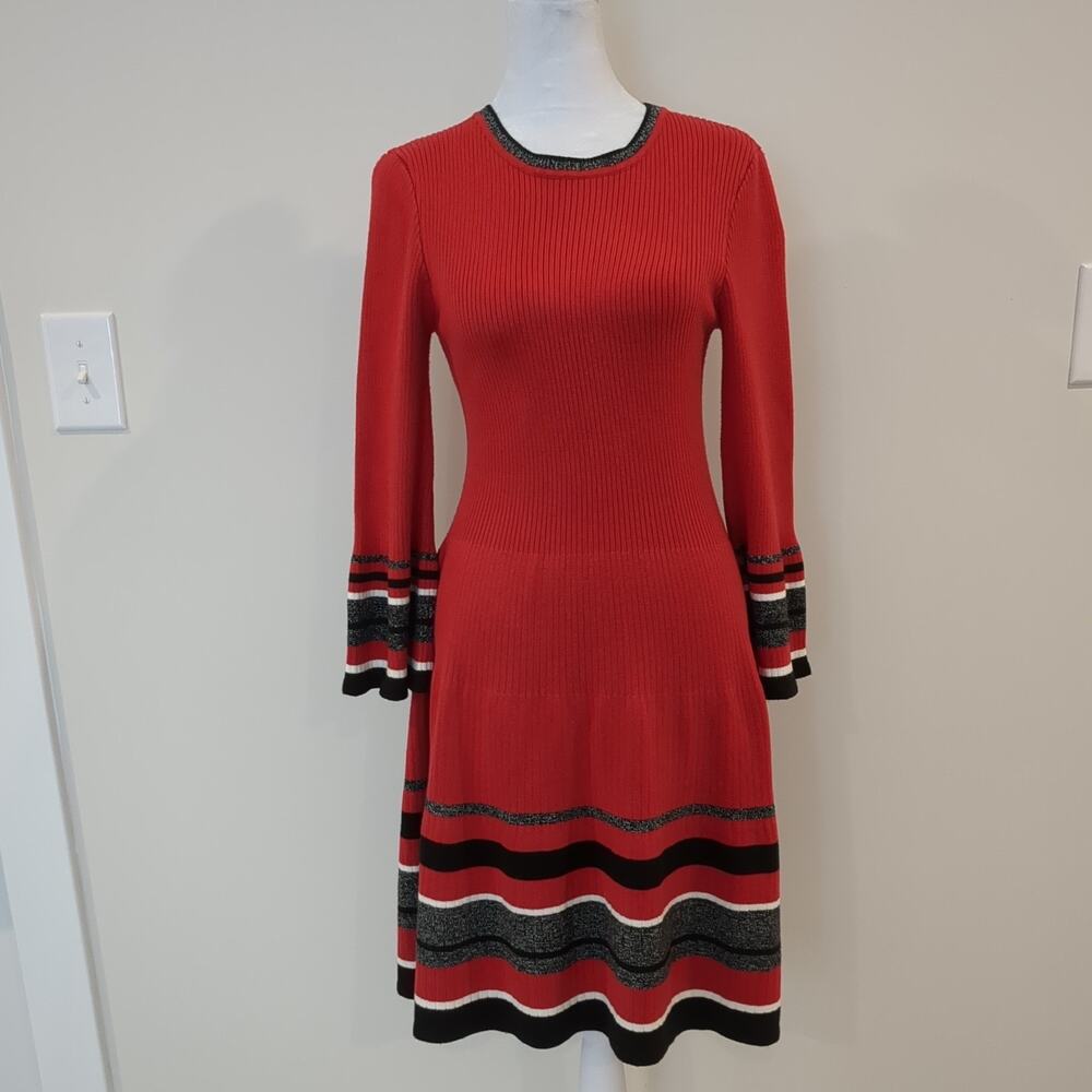 Jessica Howard Women's S Red Sweater Dress Striped Long Bell Sleeve Fit & Flare